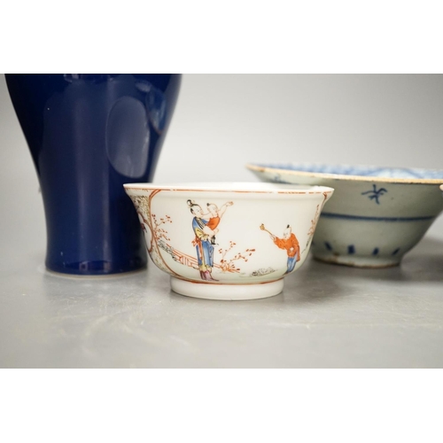 1379 - A Chinese blue glazed meiping, 20cm, and three Chinese porcelain bowls