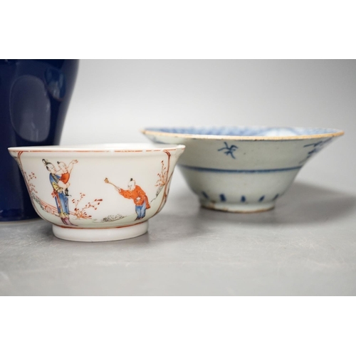1379 - A Chinese blue glazed meiping, 20cm, and three Chinese porcelain bowls