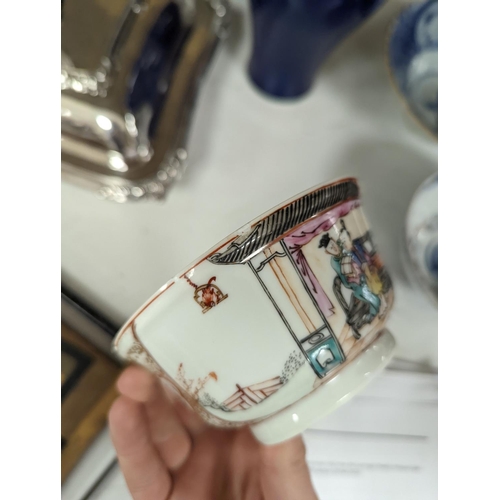 1379 - A Chinese blue glazed meiping, 20cm, and three Chinese porcelain bowls