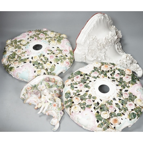 1384 - Two Sitzendorf porcelain ceiling shades, a similar wall bracket and a Dresden white glazed wall brac... 