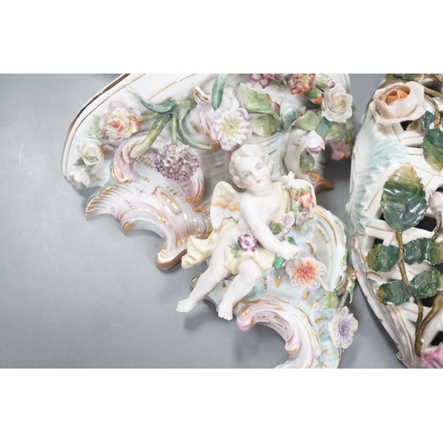 1384 - Two Sitzendorf porcelain ceiling shades, a similar wall bracket and a Dresden white glazed wall brac... 