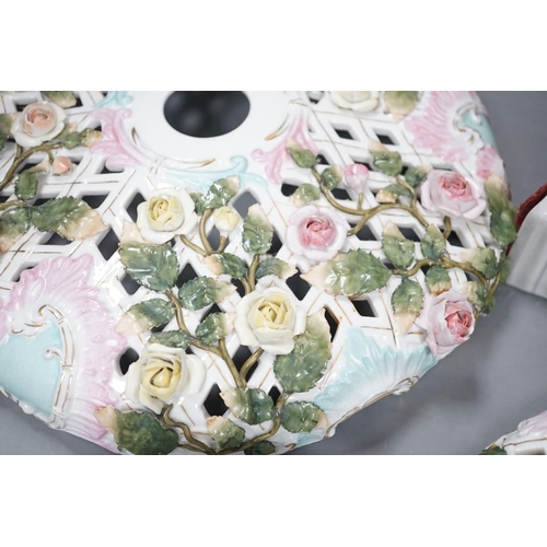 1384 - Two Sitzendorf porcelain ceiling shades, a similar wall bracket and a Dresden white glazed wall brac... 