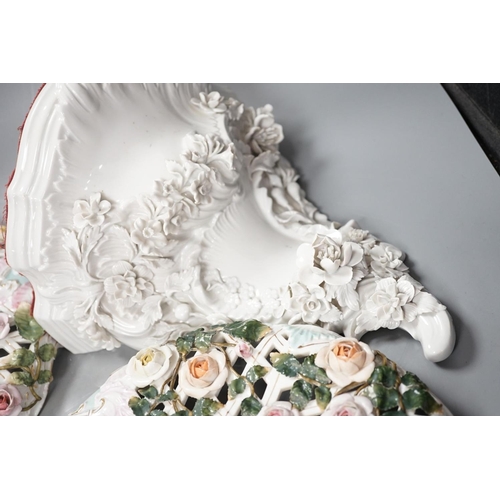 1384 - Two Sitzendorf porcelain ceiling shades, a similar wall bracket and a Dresden white glazed wall brac... 