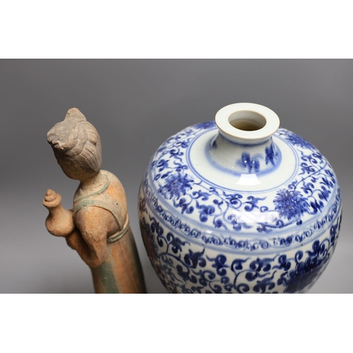 1385 - A large Chinese blue and white meiping and a Tang style pottery figure (2), vase 37 cms high.... 