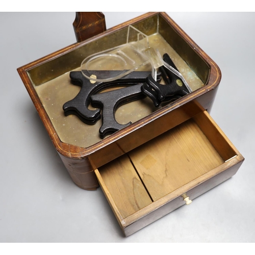 1386 - A 19th century satinwood strung mahogany stick stand with fitted drawer,  54 cms high.