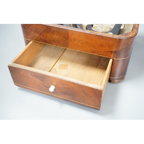 1386 - A 19th century satinwood strung mahogany stick stand with fitted drawer,  54 cms high.