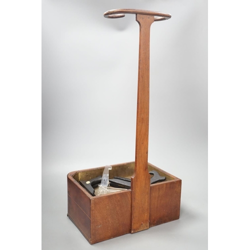 1386 - A 19th century satinwood strung mahogany stick stand with fitted drawer,  54 cms high.