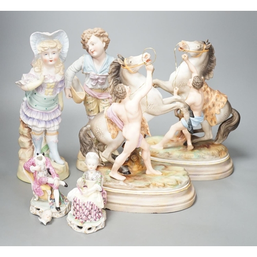 1387 - A pair of French bisque Marly horse groups and two pairs of French porcelain figures 27cm... 