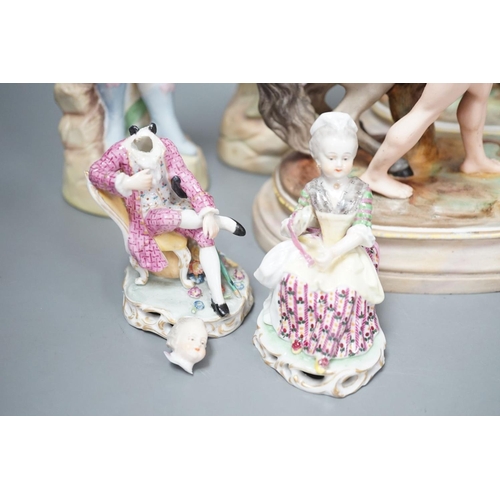 1387 - A pair of French bisque Marly horse groups and two pairs of French porcelain figures 27cm... 
