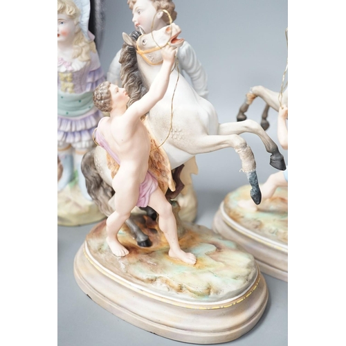1387 - A pair of French bisque Marly horse groups and two pairs of French porcelain figures 27cm... 