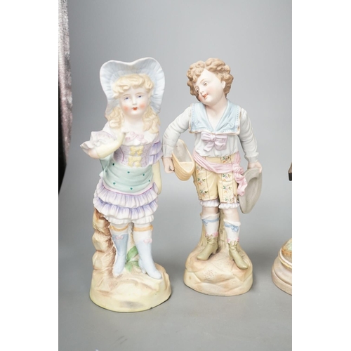 1387 - A pair of French bisque Marly horse groups and two pairs of French porcelain figures 27cm... 