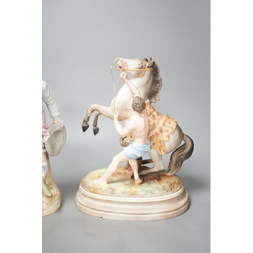 1387 - A pair of French bisque Marly horse groups and two pairs of French porcelain figures 27cm... 