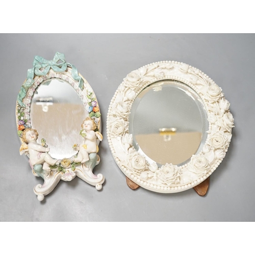 1391 - Two German porcelain easel mirrors and a Belleek easel mirror, tallest 43cm