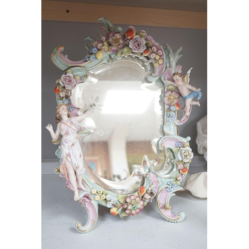 1391 - Two German porcelain easel mirrors and a Belleek easel mirror, tallest 43cm