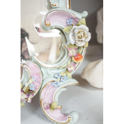 1391 - Two German porcelain easel mirrors and a Belleek easel mirror, tallest 43cm