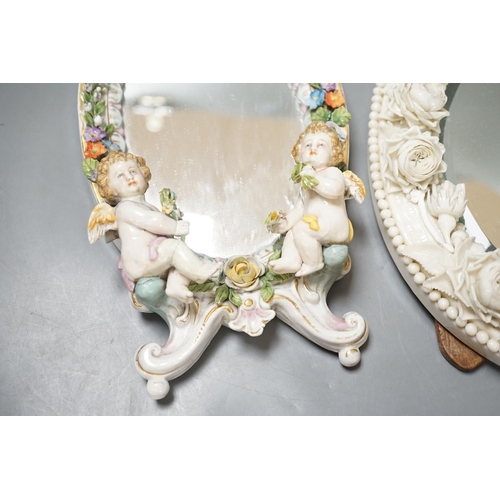 1391 - Two German porcelain easel mirrors and a Belleek easel mirror, tallest 43cm