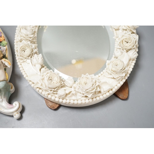 1391 - Two German porcelain easel mirrors and a Belleek easel mirror, tallest 43cm