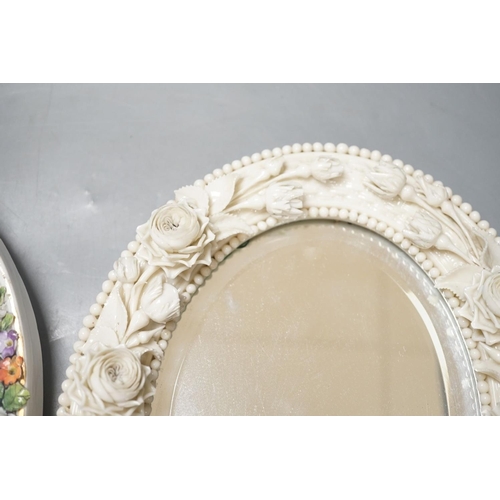 1391 - Two German porcelain easel mirrors and a Belleek easel mirror, tallest 43cm
