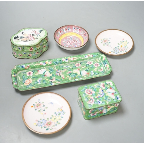 1394 - A group of Chinese Canton enamel dishes and two boxes and covers, 24cm