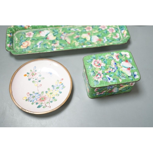 1394 - A group of Chinese Canton enamel dishes and two boxes and covers, 24cm