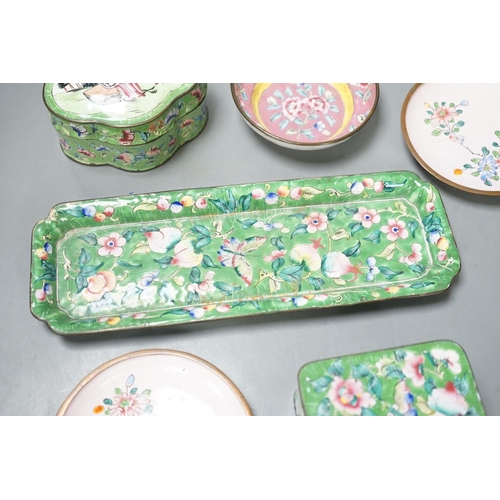1394 - A group of Chinese Canton enamel dishes and two boxes and covers, 24cm
