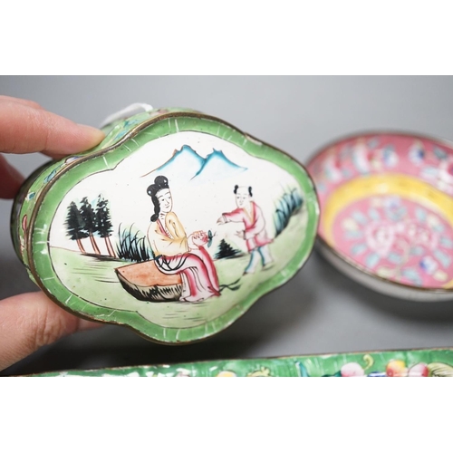 1394 - A group of Chinese Canton enamel dishes and two boxes and covers, 24cm