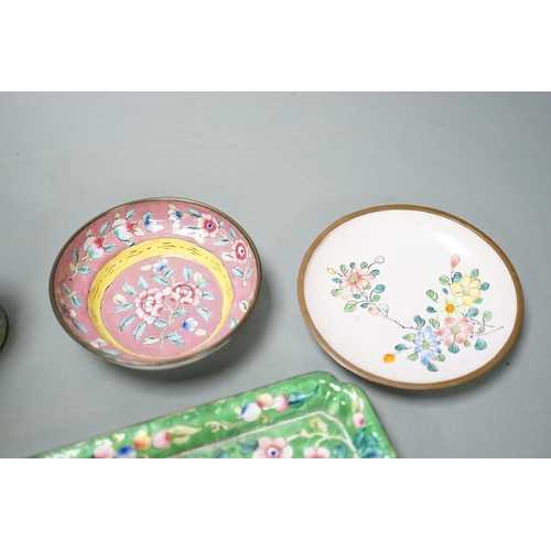 1394 - A group of Chinese Canton enamel dishes and two boxes and covers, 24cm