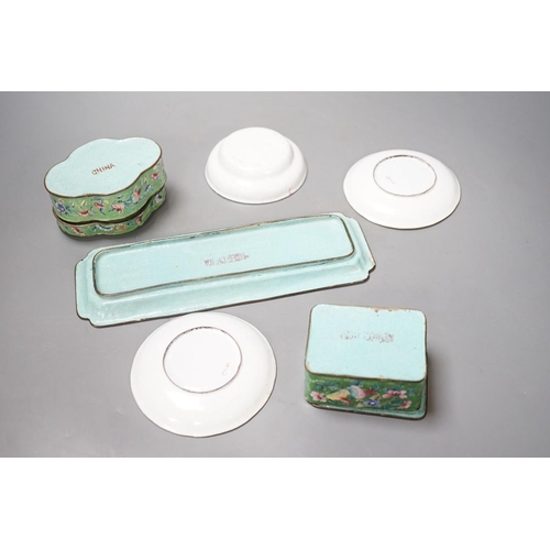 1394 - A group of Chinese Canton enamel dishes and two boxes and covers, 24cm