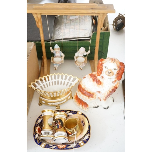 1569 - A pair of bisque swinging figures, Royal Worcester cabinet cup and saucer and five other items... 