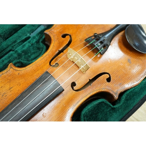 1584 - A 19th century Violin, lob. 35.5cm and bow in case