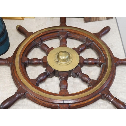 1586 - A 19th century mahogany and brass mounted ship's wheel 77cm