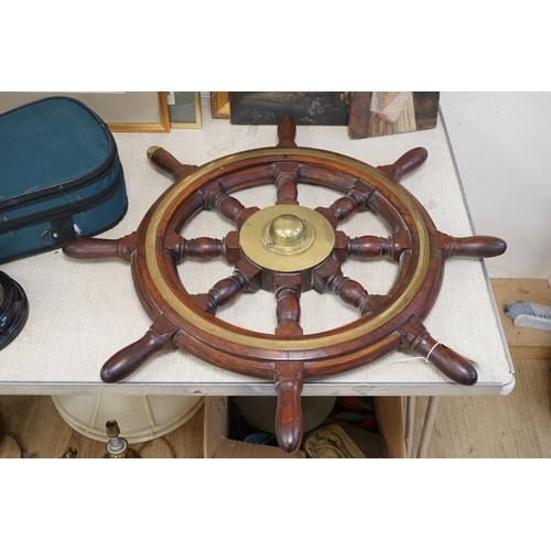 1586 - A 19th century mahogany and brass mounted ship's wheel 77cm