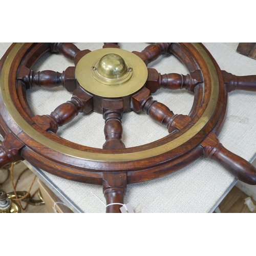 1586 - A 19th century mahogany and brass mounted ship's wheel 77cm