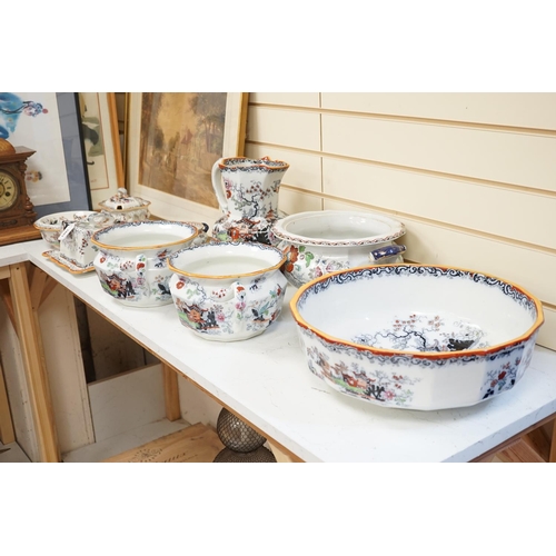 1601 - Victorian Masons Ironstone landscape pattern items to include a cheese dish, two chamber pots, Are y... 
