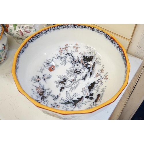 1601 - Victorian Masons Ironstone landscape pattern items to include a cheese dish, two chamber pots, Are y... 