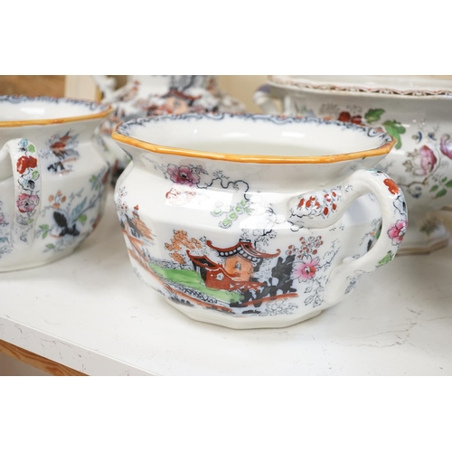 1601 - Victorian Masons Ironstone landscape pattern items to include a cheese dish, two chamber pots, Are y... 