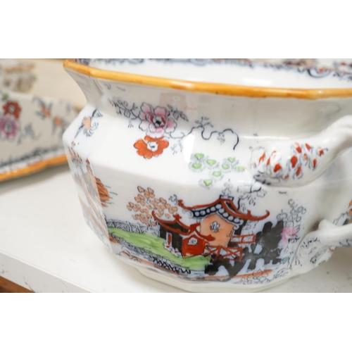 1601 - Victorian Masons Ironstone landscape pattern items to include a cheese dish, two chamber pots, Are y... 