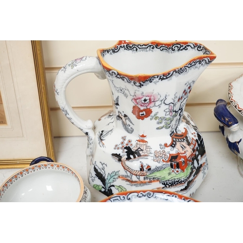 1601 - Victorian Masons Ironstone landscape pattern items to include a cheese dish, two chamber pots, Are y... 