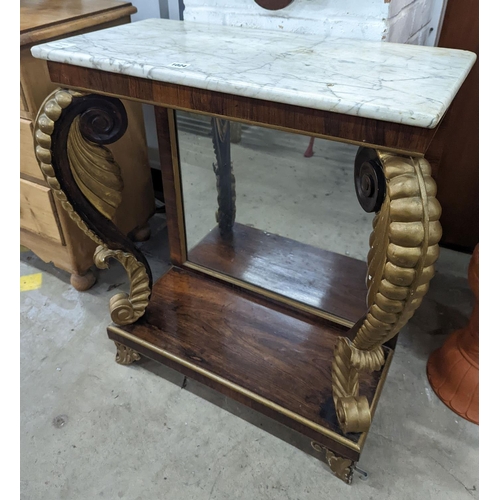 1024 - A Regency rosewood and parcel gilt marble topped console table, width 74cm, depth 36cm, height 82cm... 