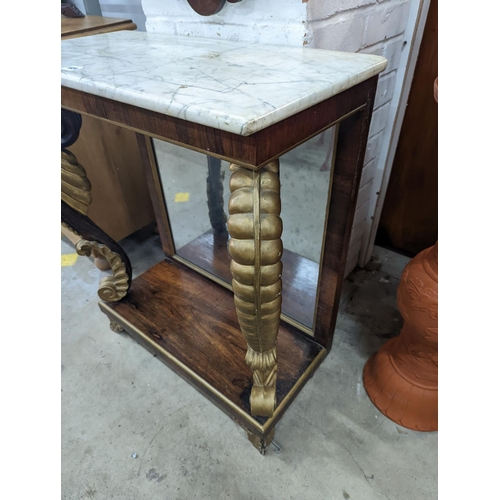 1024 - A Regency rosewood and parcel gilt marble topped console table, width 74cm, depth 36cm, height 82cm... 