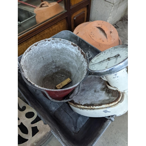 1036 - A rectangular galvanised tub, scales bucket, fender, etc.