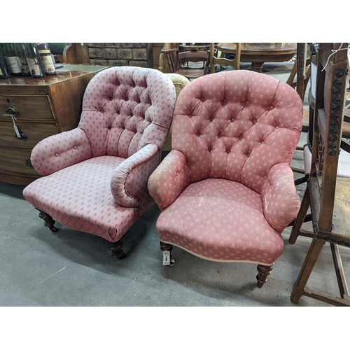 1058 - Two Victorian upholstered armchairs, width 62cm, depth 64cm, height 85cm