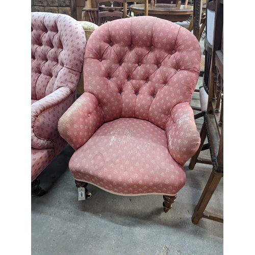 1058 - Two Victorian upholstered armchairs, width 62cm, depth 64cm, height 85cm