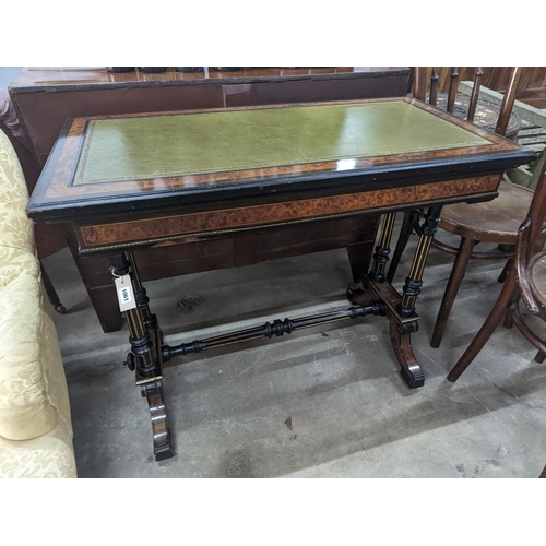 1061 - A late Victorian ebonised and bird's eye maple folding writing / card table, width 91cm, depth 48cm,... 