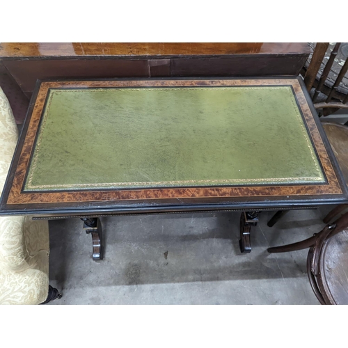 1061 - A late Victorian ebonised and bird's eye maple folding writing / card table, width 91cm, depth 48cm,... 