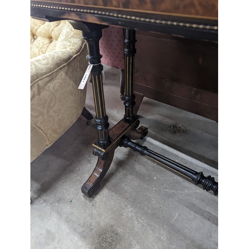 1061 - A late Victorian ebonised and bird's eye maple folding writing / card table, width 91cm, depth 48cm,... 