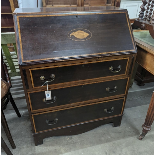 1063 - An Edwardian shell inlaid mahogany bureau, width 76cm, depth 44cm, height 97cm