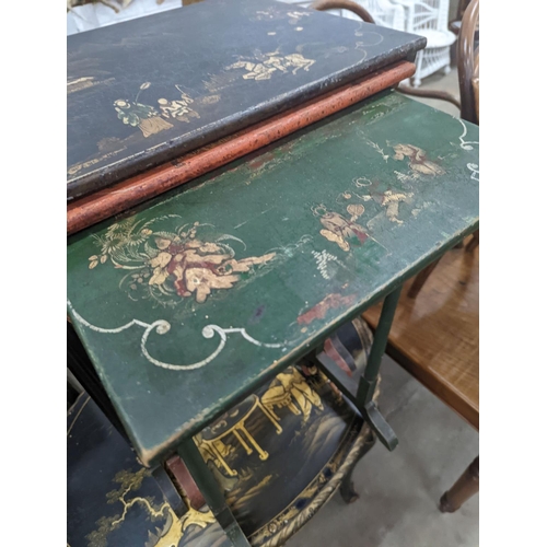 1074 - A nest of painted and lacquered rectangular tea tables, width 50cm, depth 36cm, height 71cm... 