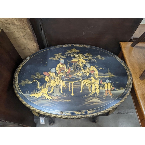 1075 - An early 20th century chinoiserie lacquer oval centre table, length 84cm, depth 59cm, height 77cm... 