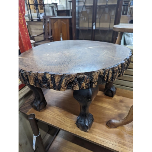 1094 - A rustic tree section low table, length 52cm, height 32cm together with a Victorian satin walnut can... 